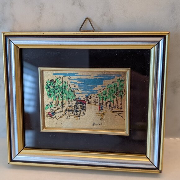 Vintage Italian Gold Leaf Picture on Street with Horse and Carriage - Picture 1 of 7